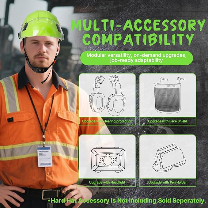 AOLAMEGS ABS Safety Hard Hat - ANSI Z89.1 Approved Safety Helmet with Visor Adjustable Vented Hardhat for Men Women Adults Safety Hardhats for Industrial Construction Work (Bright Yellow Clear Visor)