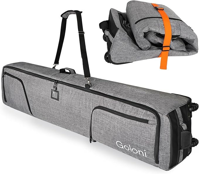 Goloni Ski Bag with Wheels,Padded Snowboard Bag for Air Travel,600D Waterproof Fabric,Foldable Snow Bag Fits 2 Pairs Skis