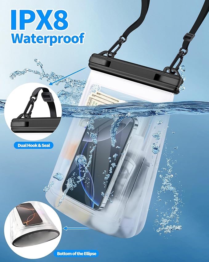 Large Waterproof Phone Pouch - [Oversized] [Floating] Waterproof Pouch for iPhone Galaxy Google and More, IPX8 Waterproof Dry Bag for Beach Vacation Belongings Black