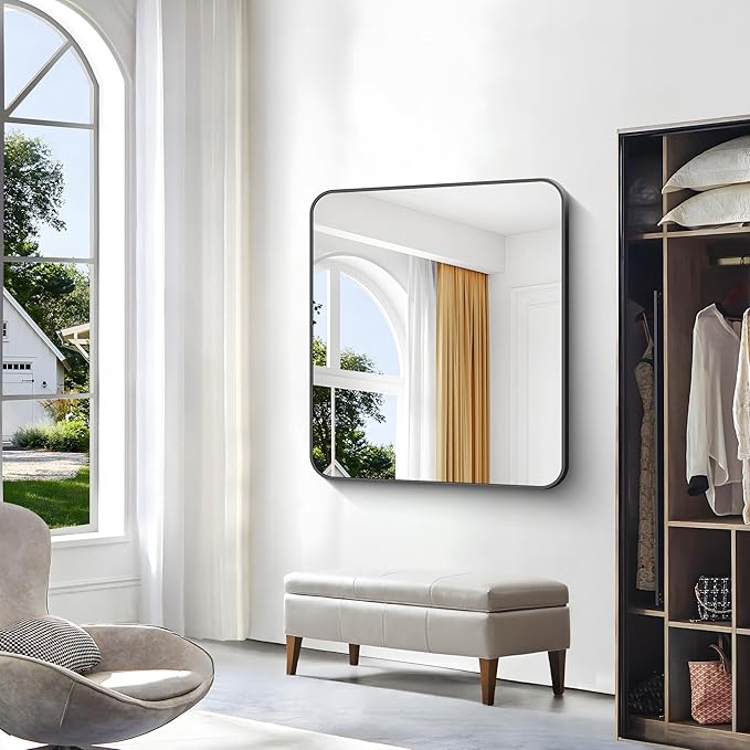 36x40 inch Bathroom Mirror,Black Rectangle Mirror,Wall Mounted Bathroom Frame Vanity Mirror with Round Corner for Bedroom Living Room,Entryway Hangs Horizontal or Vertical