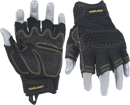 HANDLANDY Fingerless Work Gloves for Men, Padded Impact Tactical Mechanics Gloves, Grip Utility Trucker Driver Gloves (Black- impact, Medium (Pack of 1))