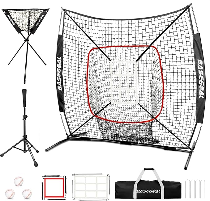 6'×6' Baseball Softball Practice Net,Baseball Backstop,with Batting Tee,Ball Caddy,for Hitting Pitching Batting Catching with Bow Frame,Bonus Strike Zone,Target,Portable and Foldable