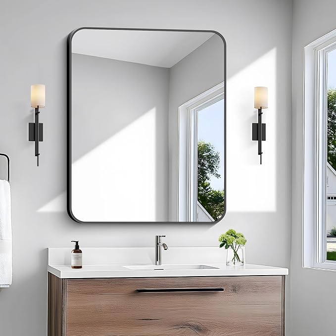 30x36 inch Bathroom Mirror,Black Rectangle Mirror,Wall Mounted Bathroom Frame Vanity Mirror with Round Corner for Bedroom Living Room, Entryway Hangs Horizontal or Vertical