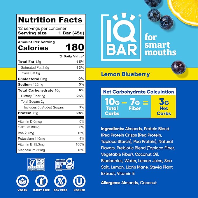 IQBAR Brain and Body Plant Protein Bars - Lemon Blueberry - 36-Count Low Carb - Gluten Free, High Fiber, Vegan Snacks - Low Sugar Meal Replacement