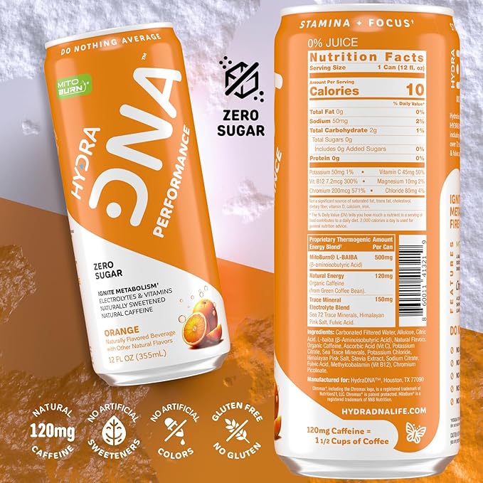 HYDRADNA- Clean Performance Drink, Zero Sugar | For Natural Fuel, Alertness, Boost, Stamina,120 mg Organic Caffeine, Natural Flavors, Zero Sucralose, Clean Ingredients (12 Pack) (12 Pack, Orange)