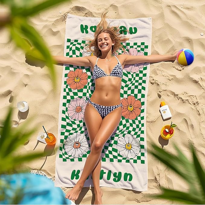 JML Personalized Beach Towel with Name, Custom Flower Beach Towel, Customized Microfiber Pool Towel, Quick Dry & Absorbent Swim Towel for Adult,Mother's Day, Birthday, Summer Holiday,Vacation