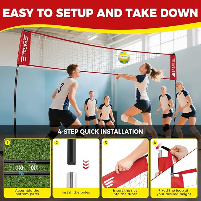 BAGAIL Volleyball Net, 12ft/20ft Portable Volleyball Net for Backyard - Adjustable Height, Heavy-Duty Frame, Freestanding Design - Portable Outdoor/Indoor Volleyball Set with Carry Bag