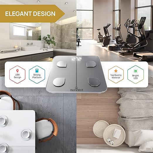 INEVIFIT Smart Body Fat Scale, Highly Accurate Bluetooth Digital Bathroom Body Composition Analyzer, Measures Weight, Body Fat, Water, Muscle, Visceral Fat & Bone Mass for Unlimited Users (Silver)
