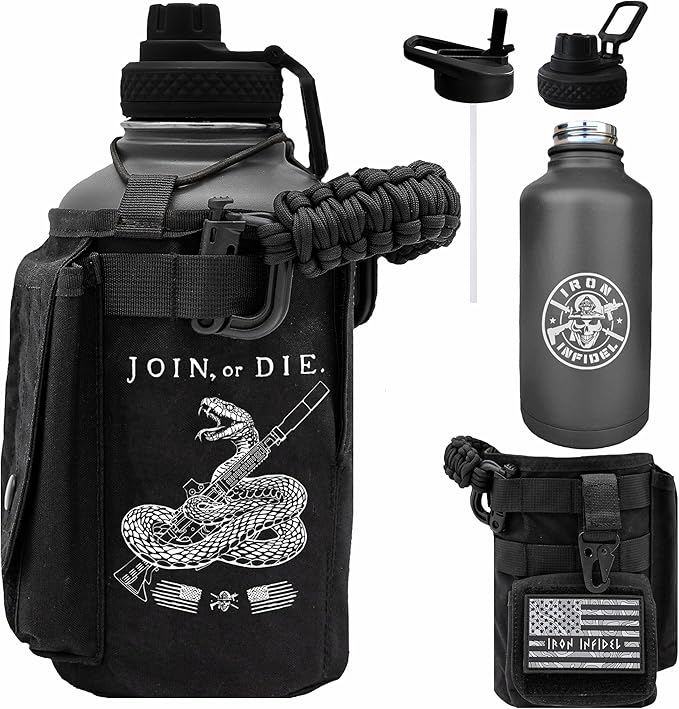 Iron Infidel Battle Bottle - Half Gallon Insulated Water Bottle with Paracord Handle, Large 64 oz Stainless Steel Water Jug with Rugged, Removable Sleeve for Keys, Wallet & Phone (Join or Die 2 Liter)
