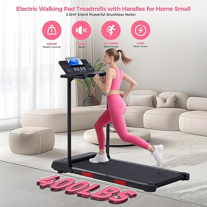 Foldable Folding Walking Pads Treadmills for Home with Handles, 3.5HP Electric Walking Pad Treadmill with Handle Bar, 0.6-10MPH Compact Portable Home Small Treadmills for Small Spaces, 400LBS
