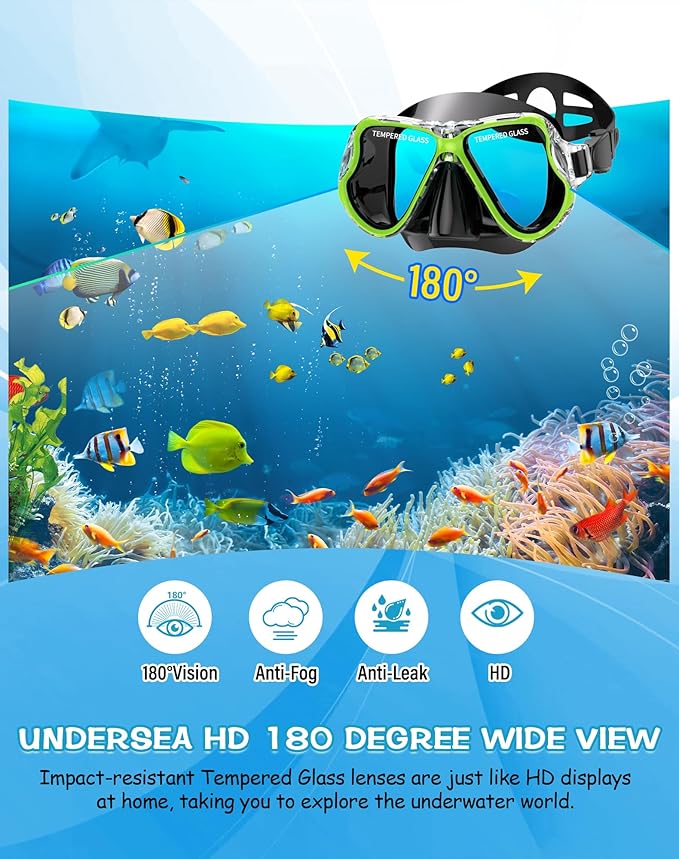Greatever Dry Snorkel Set,Panoramic Wide View,Anti-Fog Scuba Diving Mask,Professional Snorkeling Gear