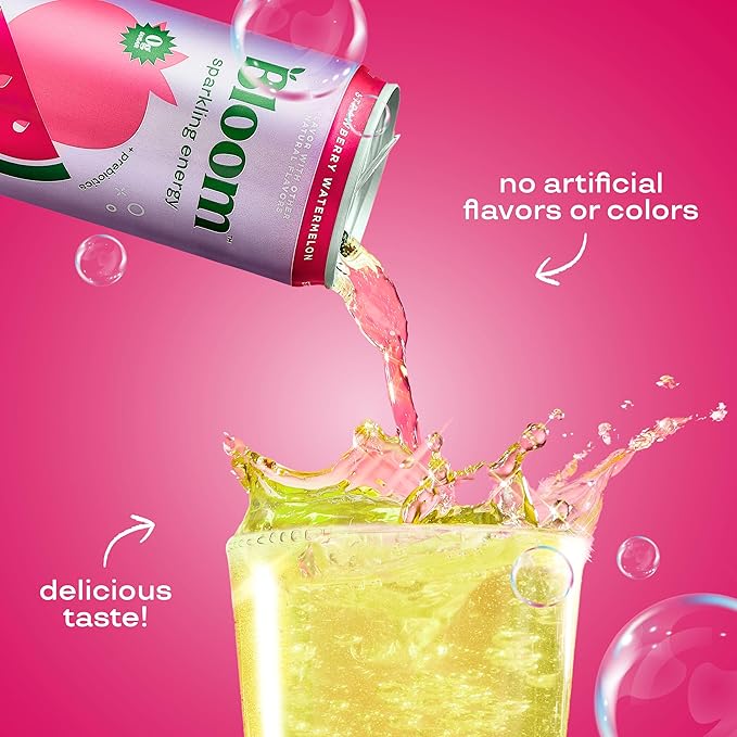 Bloom Nutrition Sparkling Energy Drink - Natural Caffeine, Zero Sugar, 180mg Caffeine - Antioxidant-Rich with Green Coffee Bean, Green Tea Extract, Prebiotics - Strawberry Watermelon - 12oz 24 Pack