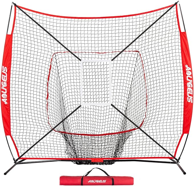 7'X7' Baseball Softball Practice Net,Pitching Net,Batting Net,with Baseball Tee,Bonus Strike Zone and Bow Frame,for Hitting,Pitching, Catching