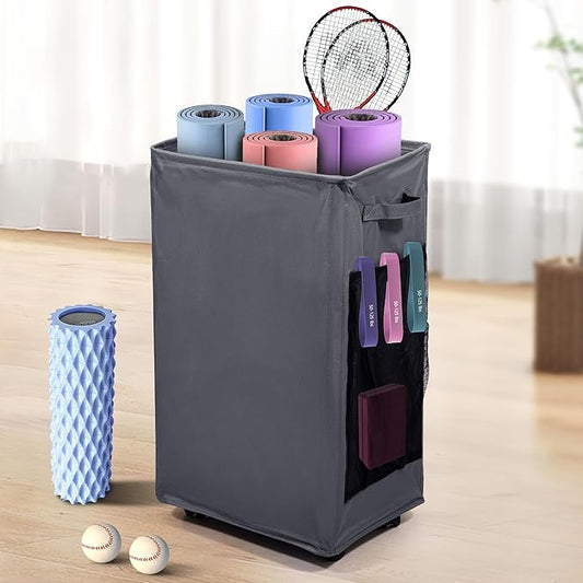 Yoga Mat Storage Racks, Home Gym Storage Rack with Wheels, Yoga Mat Holder Side 2 Mesh Pockets, Yoga Storage Basket Holds 4 Yoga Mats, 2 Foam Rollers, 6 Resistance Bands