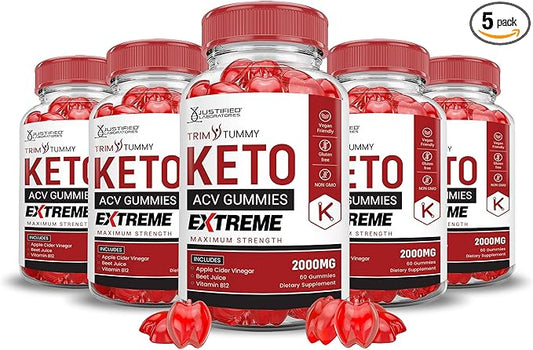 Justified Laboratories (5 Pack Trim Tummy Keto ACV Gummies Extreme 2000MG Trim Tummy Keto Gummies Apple Cider Vinegar Formulated with Pomegranate Beet Juice Powder B12 Vegan Non GMO 300 Gummys