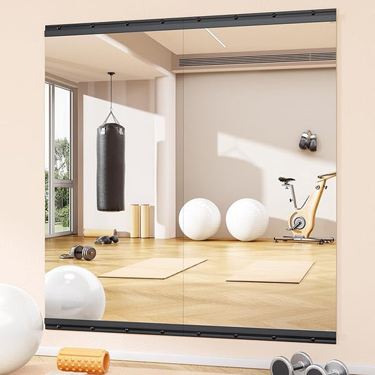 Hasipu 2 Pcs 48''x24'' Home Gym Mirror Large Full Length Wall Mounted Full Body Mirror for Yoga Dance Fitness Exercise Studio Bedroom Garage, Frameless Tempered Glass Workout Mirrors Black Rectangular