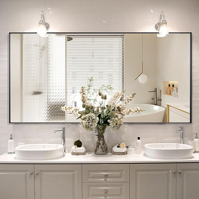 55x30 Inch Black Bathroom Mirror for Wall, Aluminum Frame Rectangle Rectangular Vanity Mirror, Modern Large for Bedroom, Living Room, Horizontal or Vertical