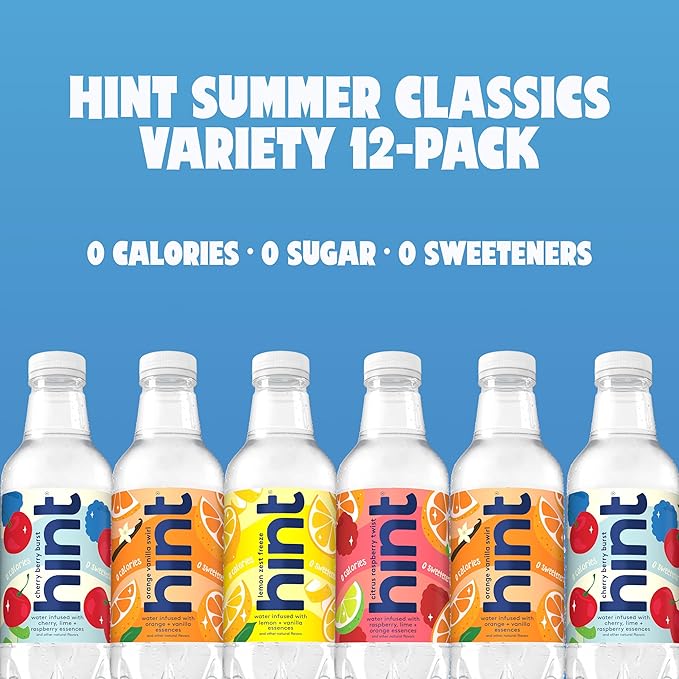 Hint Fruit-Infused Bottled Water, Summer Classics Variety Pack - Sugar Free Flavored Water with Zero Calories, Natural Fruit Essences, and No Artificial Sweeteners - 16 Fl Oz (Pack of 12)