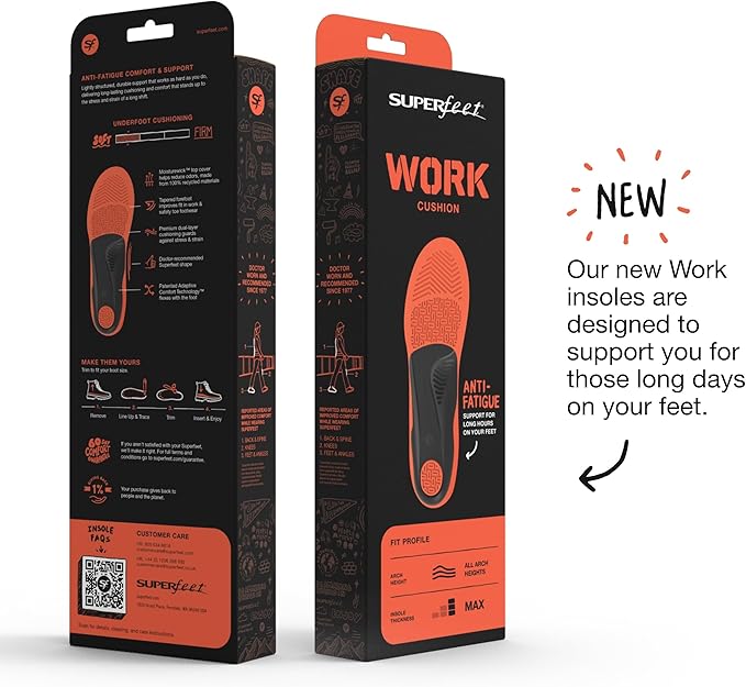 Superfeet Work Cushion - Trim-to-Fit Orthotic Shoe Inserts - Professional Grade - Men 9.5-11 / Women 10.5-12