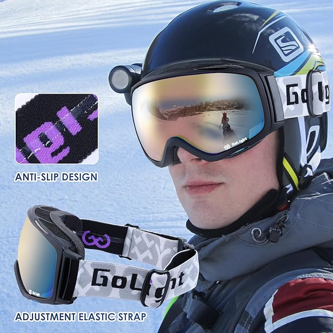 GoLight OTG Anti-Fog Ski Goggles for Men Women ??Spherical REVO Lens, UV400, Breathable TPU Frame, Adjustable Non-Slip Strap