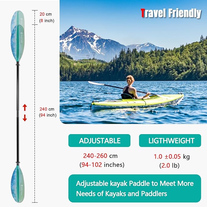 Kayak Paddles with Fiberglass Shaft and Reinforced PP Blade, Floating Adjustable Kayaking Oars, 3 Piece, 220-240 cm/86-94 Inches, 240-260 cm/94-102 Inches
