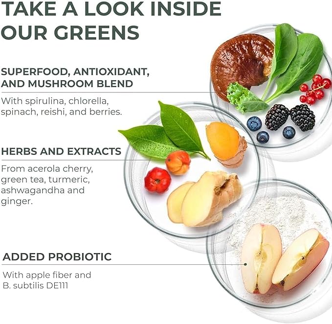 Primal Harvest Super Greens Powder, 30 Servings w/+50 Greens Superfood Chlorella, Probiotics, Green Tea, Wheatgrass, Kale, Turmeric for Energy,Primal Greens