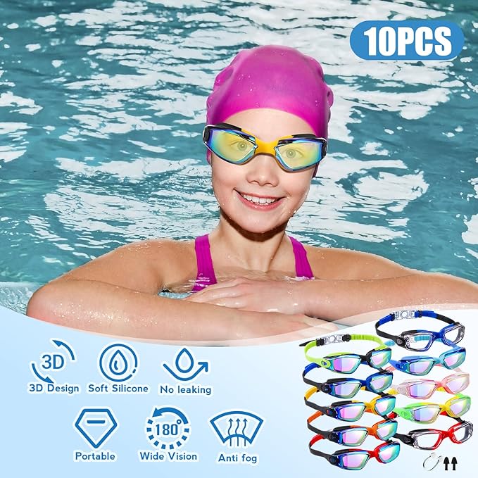 Konohan 10 Pack Swim Goggles Bulk for Kids adult Pool Goggles Anti Fog Silicone No Leak Swimming Glasses for Men Women Youth