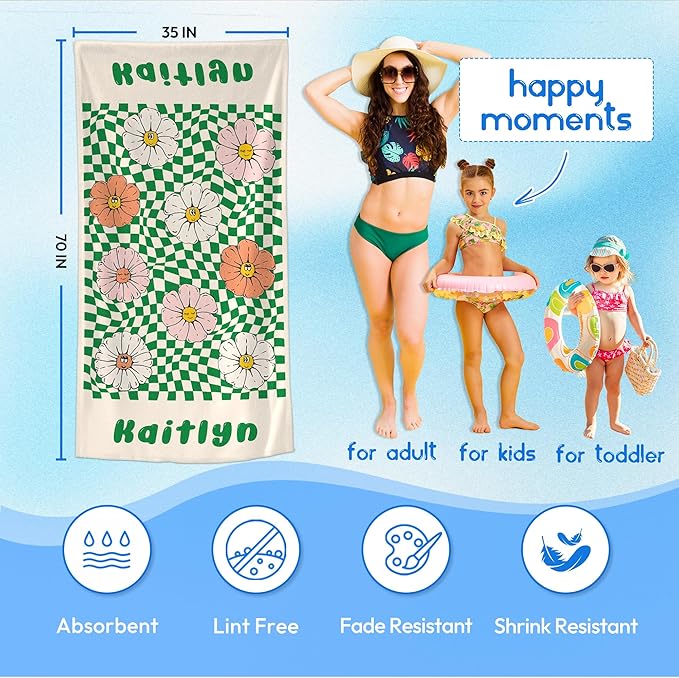 JML Personalized Beach Towel with Name, Custom Flower Beach Towel, Customized Microfiber Pool Towel, Quick Dry & Absorbent Swim Towel for Adult,Mother's Day, Birthday, Summer Holiday,Vacation
