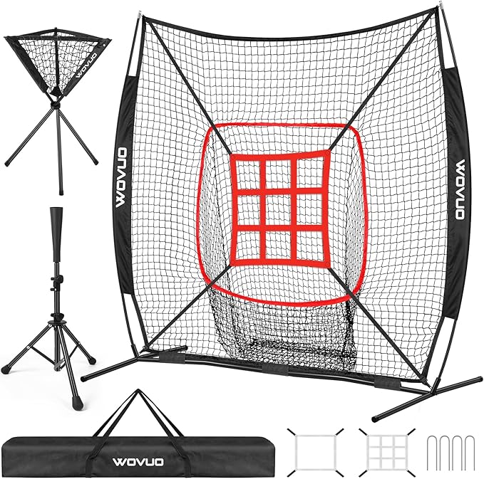 7x7 ft Baseball Net for Batting Pitching Hitting, Softball Pitching Net with Strike Zone, Tee, Ball Caddy, Softball Batting Net Baseball Training Equipment for Kids Adult Youth Sport Practice