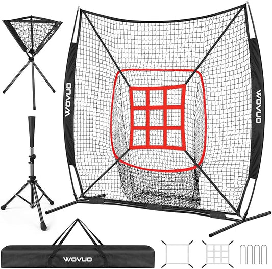 7x7 ft Baseball Net for Batting Pitching Hitting, Softball Pitching Net with Strike Zone, Tee, Ball Caddy, Softball Batting Net Baseball Training Equipment for Kids Adult Youth Sport Practice