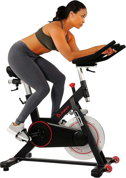 Sunny Health & Fitness Magnetic Exercise Bike, 44LB Flywheel & 300LB Weight Capacity for Intensive Home Workout, Indoor Cardio Training w/4-Way Adjustable Seat, Optional Free SunnyFit App Connection
