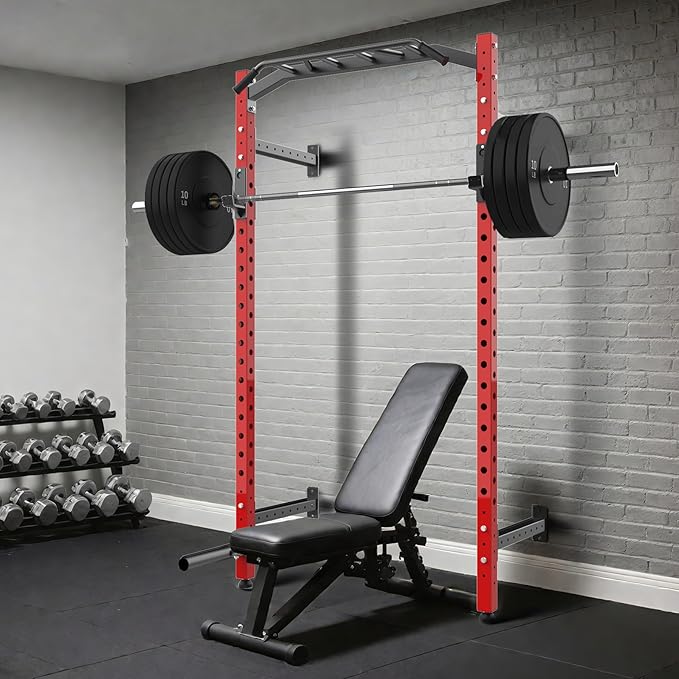 1600LB Wall Mounted Power Rack, Commercial Squat Rack for Home Gym with Multi-Grip Pull Up Bar, j-Cups & Landmine Attachment for Home and Garage Gym