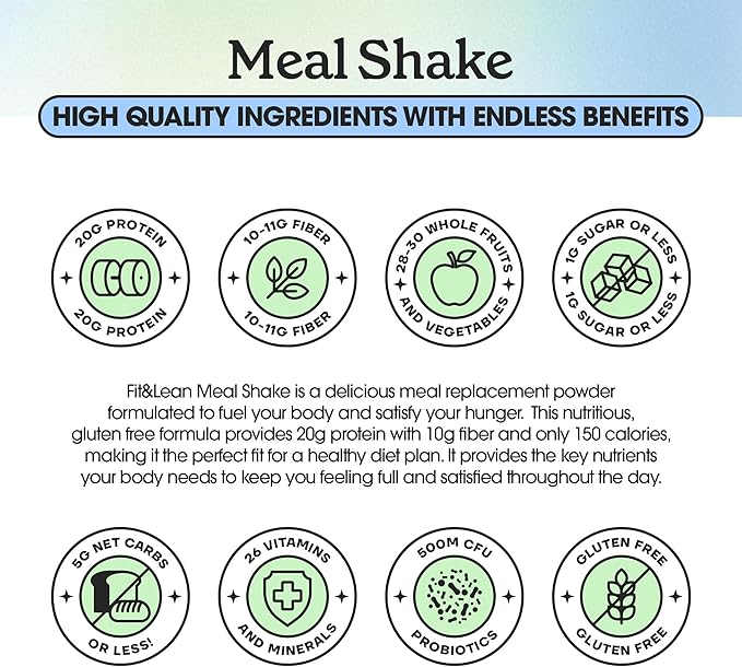 Fit & Lean Meal Shake, Fat Burning Meal Replacement, Meal Replacement with Protein, Fiber, Probiotics and Organic Fruits & Vegetables, Cookies and Cream, 1lb, 10 Servings Per Container