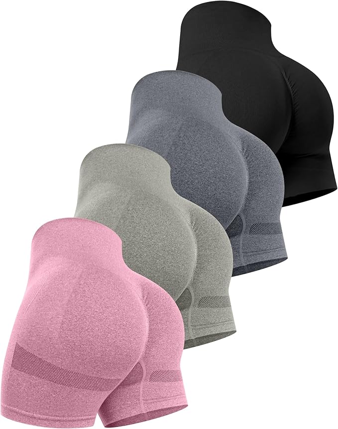 CHRLEISURE Women's 4 Packs Workout Gym Shorts, High Waisted Butt Lifting Scrunch Butt Seamless Booty Shorts