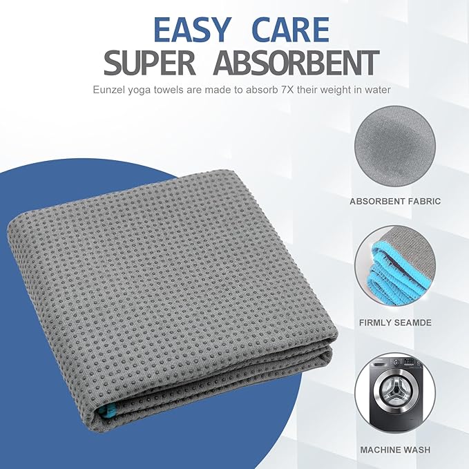 Eunzel 2 Pack Hot Yoga Towel with Grip Dot, Non Slip Yoga Mat Towe Sweat Absorbent Towel for Hot Yoga,Bikram, Pilates and Fitness 72" x 24", Grey