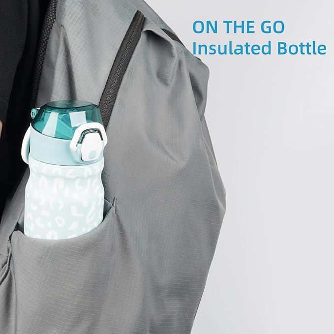 Insulated Water Bottle with Straw and Carry Loop,18 oz Stainless Steel Double Wall Vaccum Metal Water Flask with Leak-proof Lid,Light Blue Leopard