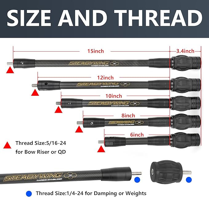 AMEYXGS Archery Bow Stabilizer for Compound Bow, 3K Carbon Fiber 6", 8", 10", 12" 15" Rods, Damping System, Weights Kit, Single Side V-Bar Mount,Quick Disconnect