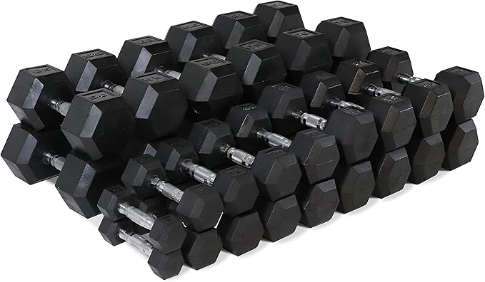 WF Athletic Supply Rubber Coated Hex Dumbbell Set, Multiple Choices Available - Dumbbells with Rack Stand and Mat, or Dumbbells Only (200/550/1200/2100/3000 LB)