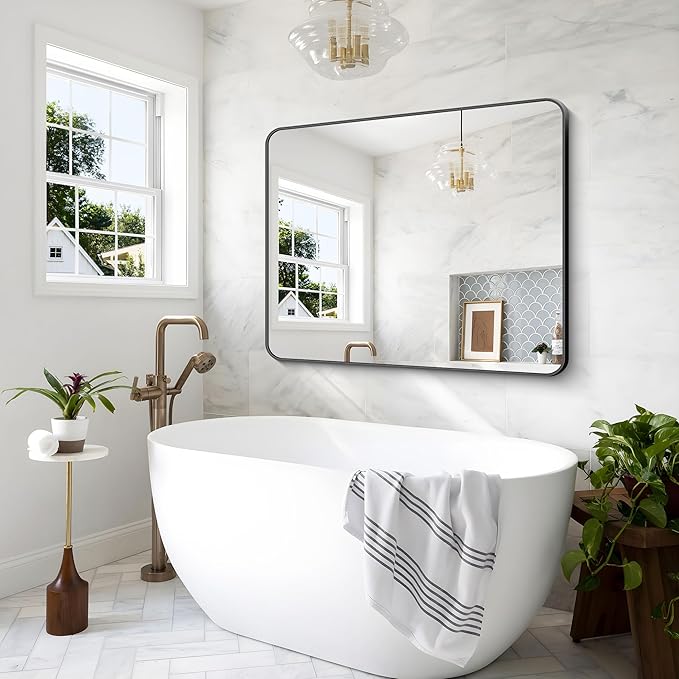 48x48 inch Bathroom Mirror,Black Rectangle Mirror,Wall Mounted Bathroom Frame Vanity Mirror with Round Corner for Bedroom Living Room,Entryway Hangs Horizontal or Vertical