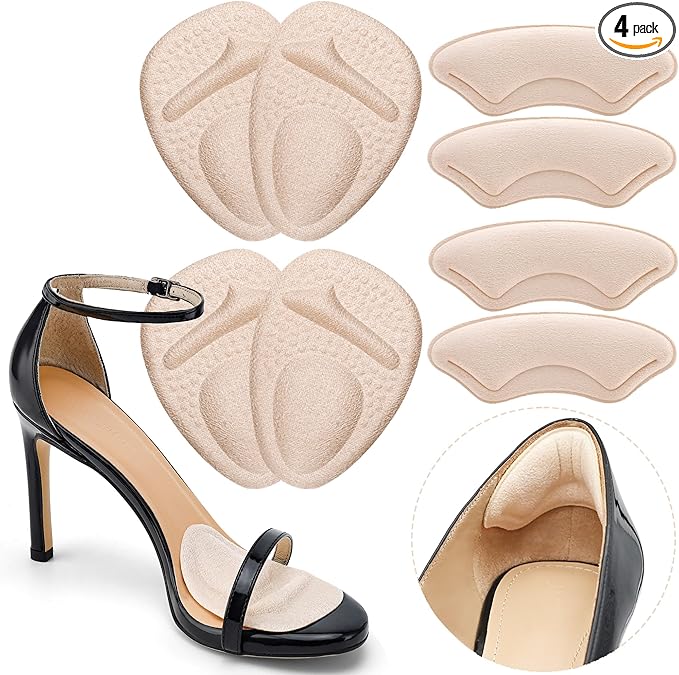 Heel Cushion Pads, Metatarsal Pads for Women, Ball of Foot Cushions, Liners for Pain Relief, Prevent Blisters Friction, Shoe Inserts for Loose Shoes to Make Fit Tighter (4 Pairs)