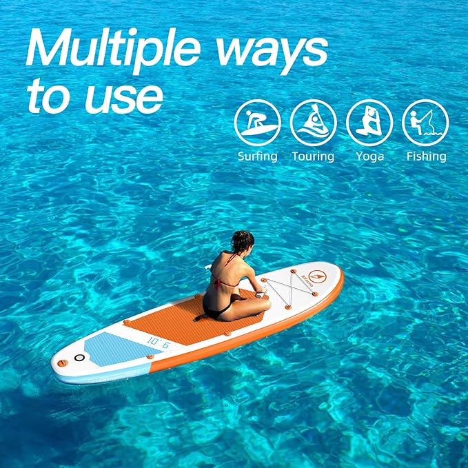 Inflatable Stand Up Paddle Board with SUP Accessories & Backpack. Paddle Boards for Adults. Non-Slip Deck, Wide Stance, Bottom Fin, Double Action Pump.