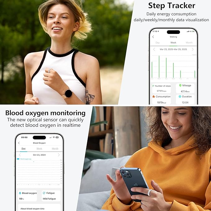 Thin Smart Ring for Fitness & Health Tracking -Pedometer,Sleep/Heart Rate/Blood Oxygen Monitor, Gesture Control / 5ATM Waterproof -No APP Subscription Compatible with Android& iOS (Silver, 8)