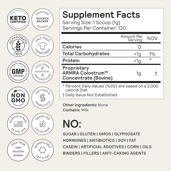 ARMRA Colostrum™ Powder | Unflavored | Gut Health & Bloating | Skin & Hair | Immunity | Keto, Gluten & Fat-Free | 120 Servings