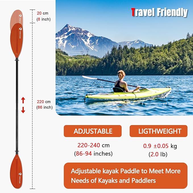 Kayak Paddle Premium Carbon Fiber Paddle with Reinforced PP + Fiberglass Blade, Floating Adjustable Kayaking Oars, 3 Piece, 220-240 cm/86-94 Inches, 240-260 cm/94-102 Inches