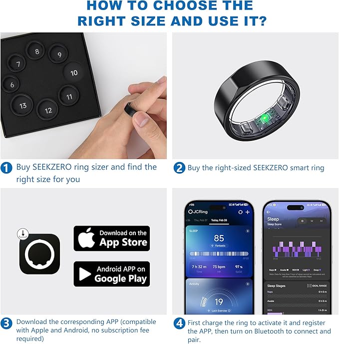 Smart Ring for Women Men - Titanium Health Fitness Tracker Ring with Heart Rate, Step Counting, Calories, Sleep & Stress Monitor for iPhone and Android, No Subscription Fee (Black, 12)