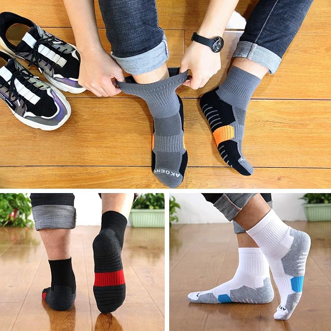 AKOENY Men's Performance Athletic Cushioned Quarter Ankle Socks (6 Pairs)