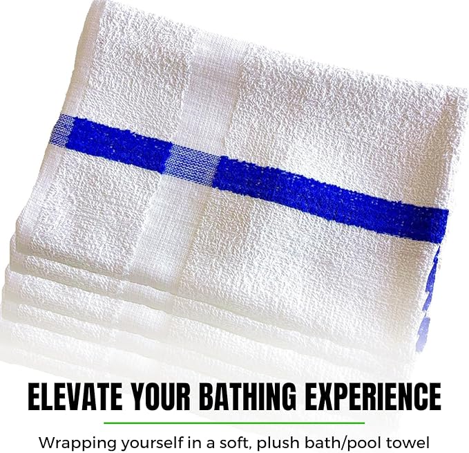 Towels N More 24x48 Soft Poolside Towels - 48 Large Super Absorbent Pool Towel White and Blue Center Stripe - Ideal for Home, Pool, Spa, Gym, Hotel, Motel Rental Room Use - 100% Cotton Bath Towels