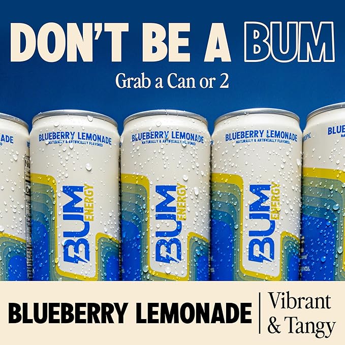 BUM Sugar-Free Energy Drink, Blueberry Lemonade - Lightly Carbonated & No Artificial Colors, Natural Caffeine & Citicoline for Energy & Focus, Brain Boost & Workout Sports Beverage - 12 oz, Pack of 12