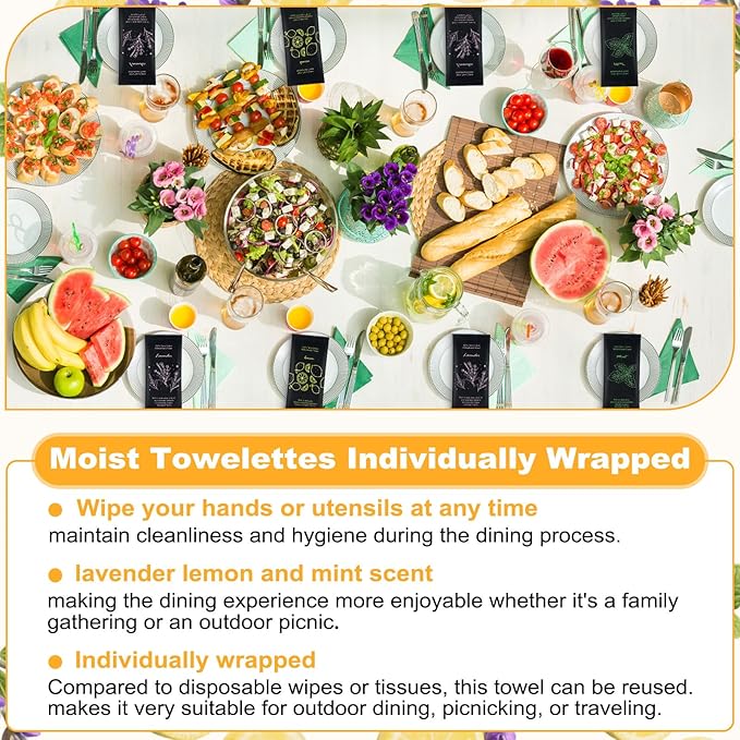 Moist Cotton Towel Bulk Moist Towelettes Individually Wrapped 8.7" x 8.7",White Towel Services,Refreshment Pre Moistened Towels Lavender, Lemon and Mint for Sport Party Spa （pack of 60)
