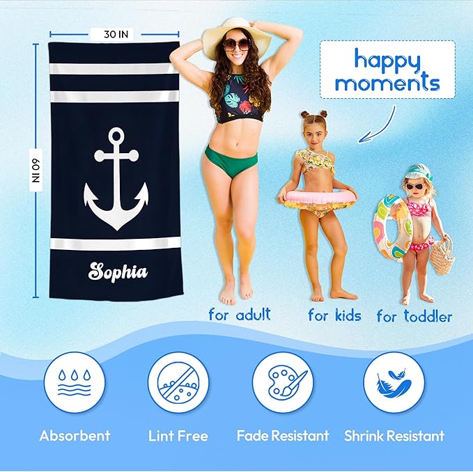 JML Personalized Beach Towel with Name, Custom Anchor Beach Towel, Customized Microfiber Pool Towel, Quick Dry & Absorbent Swim Towel for Adult,Anniversary, Birthday, Summer Holiday,Vacation